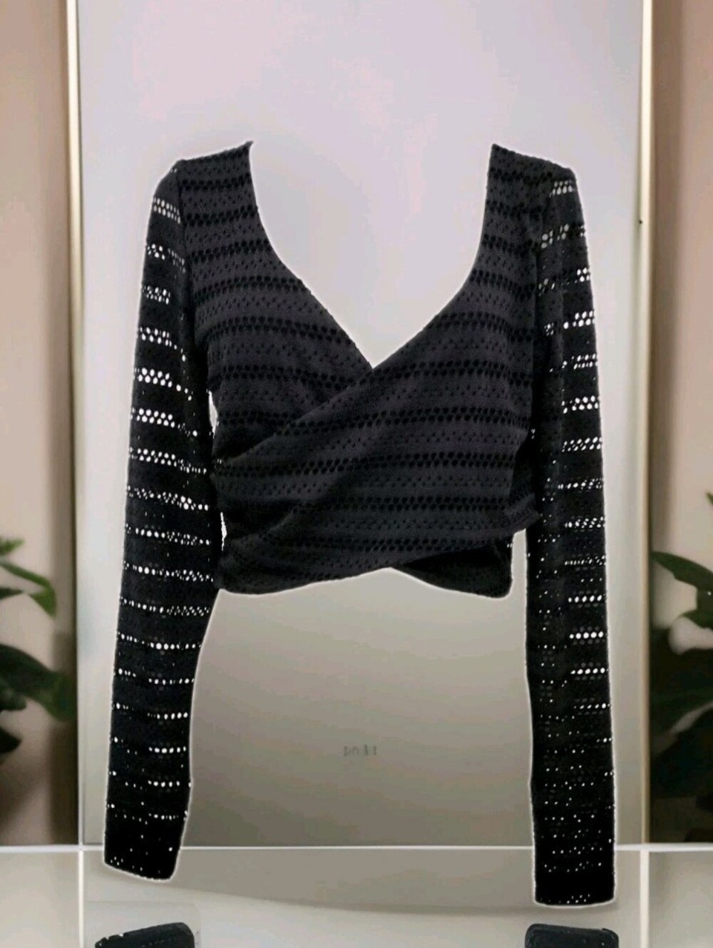 Bebe Design Black Long-Sleeve Cropped Wrap Top - Women's Sheer Sleeves.
